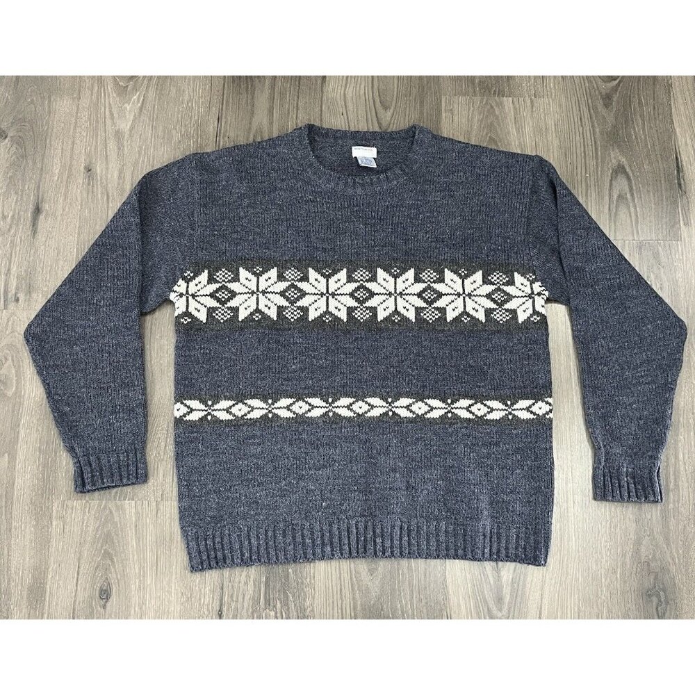 Benetton USA Sweater Fair Isle Mens Large Vintage Wool Blend Snowflake